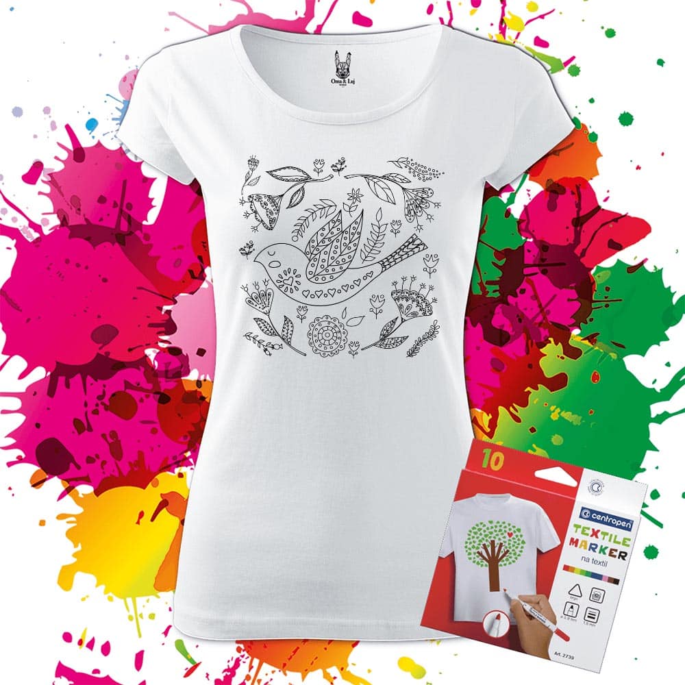 Dámske tričko Ľudový vzor - Vtáčik na lúke - Omaľovánka na tričku - Oma & Luj