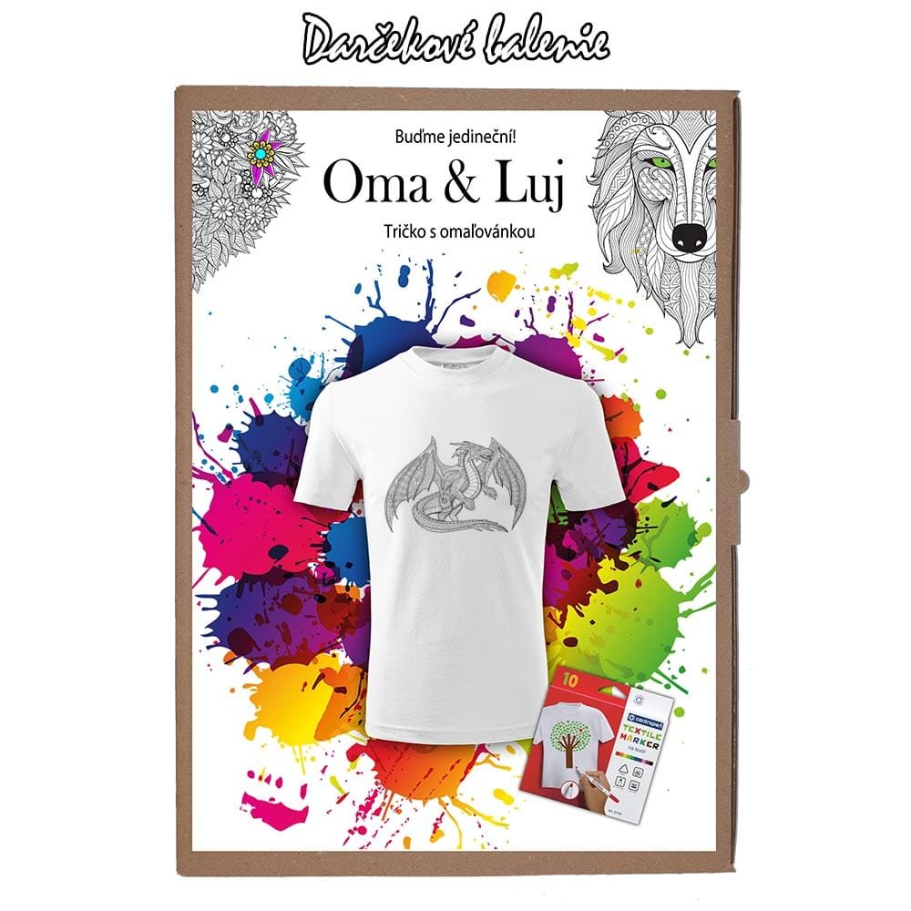 Darčekové balenie - Detské tričko Fantasy Drak - Omaľovánka na tričku - Oma & Luj