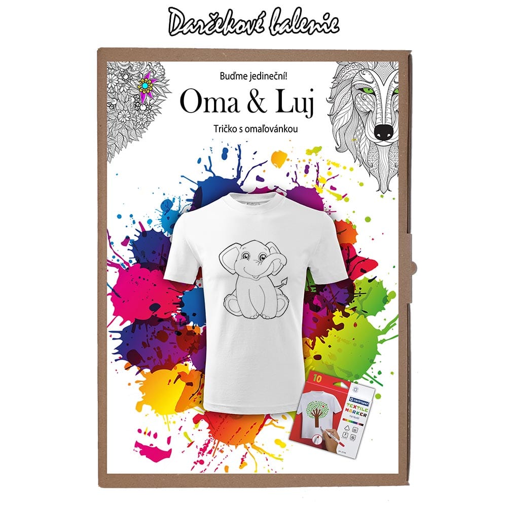 Darčekové balenie Detské tričko Sloník - Omaľovánka na tričku - Oma & Luj