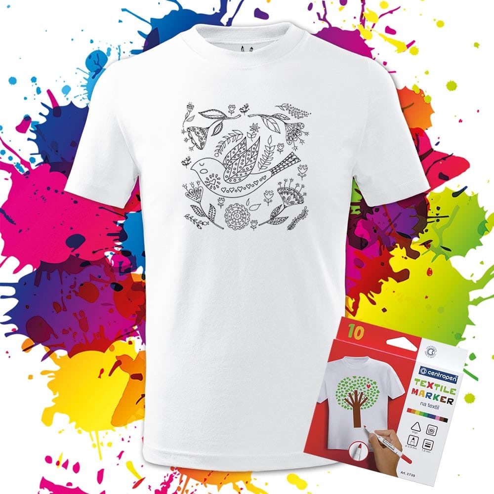 Pánske tričko Ľudový vzor - Vtáčik na lúke - Omaľovánka na tričku - Oma & Luj