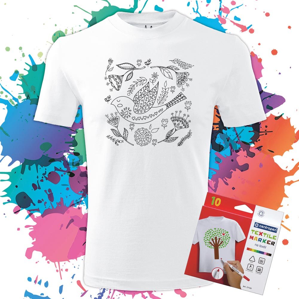 Pánske tričko Ľudový vzor - Vtáčik na lúke - Omaľovánka na tričku - Oma & Luj