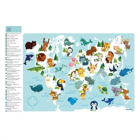Janod Magnetická mapa sveta so zvieratkami 40ks- Oma & Luj
